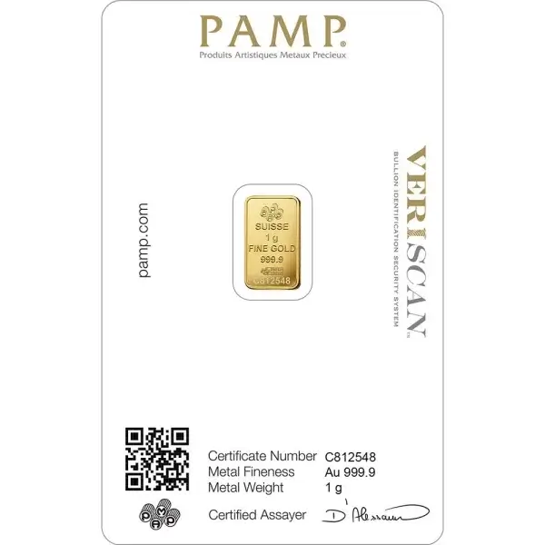 1 gram Gold Bar - PAMP Suisse - Fortuna - 999.9 Fine in Sealed Assay