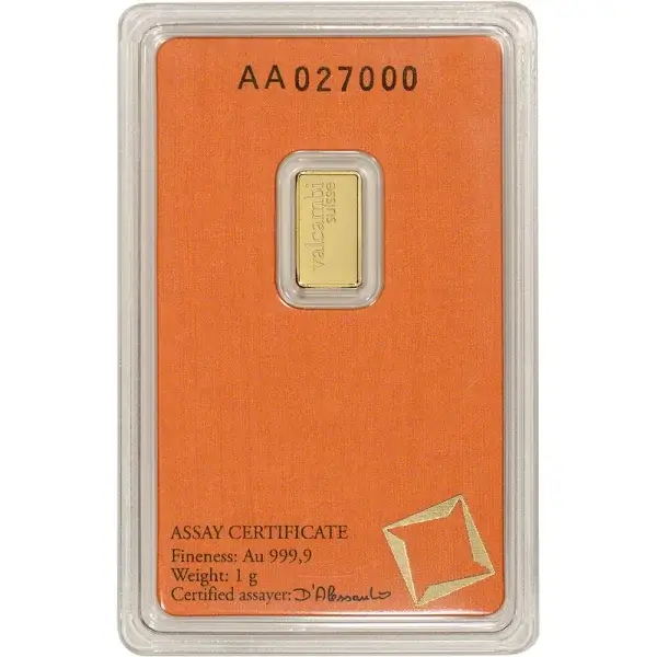 1 gram Gold Bar - Valcambi Suisse - 999.9 Fine in Sealed Assay