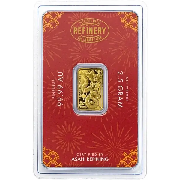 2.5 gram Gold Bar Asahi Refining Lunar Snake .9999 Fine in Sealed Assay