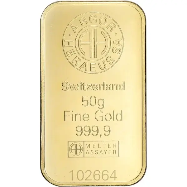 50 gram Gold Bar - Argor Heraeus Kinebar Hologram - 999.9 Fine in Assay