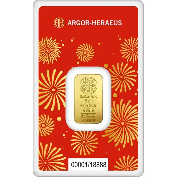 5 gram Gold Bar Argor Heraeus 2025 Lunar Year of the Snake 999.9 Fine in Assay