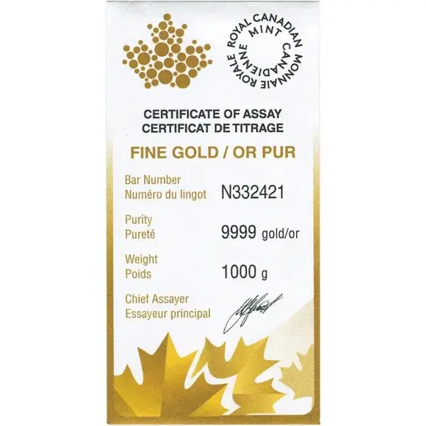 Kilo 32.15 oz Gold Bar RCM Royal Canadian Mint .9999 Fine with Assay Certificate