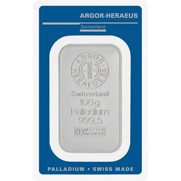 100 gram Palladium Bar - Argor Heraeus - 999.5 Fine in Assay