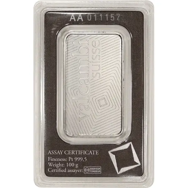 100 gram Platinum Bar - Valcambi Suisse - 999.5 Fine in Sealed Assay