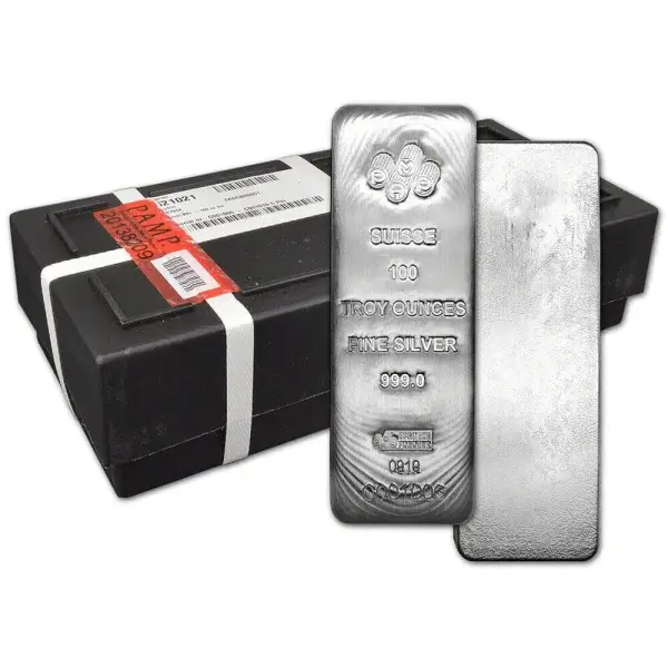 100 oz Silver Bar PAMP Suisse .999 Fine Assay Certificate Sealed Box of 5 Bars