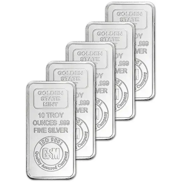 FIVE (5) 10 oz. Golden State Mint Silver Bar - .999 Fine