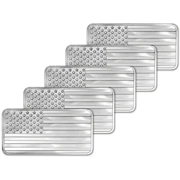 FIVE (5) 10 oz. Highland Mint Silver Bar - Flag Design - .999 Fine
