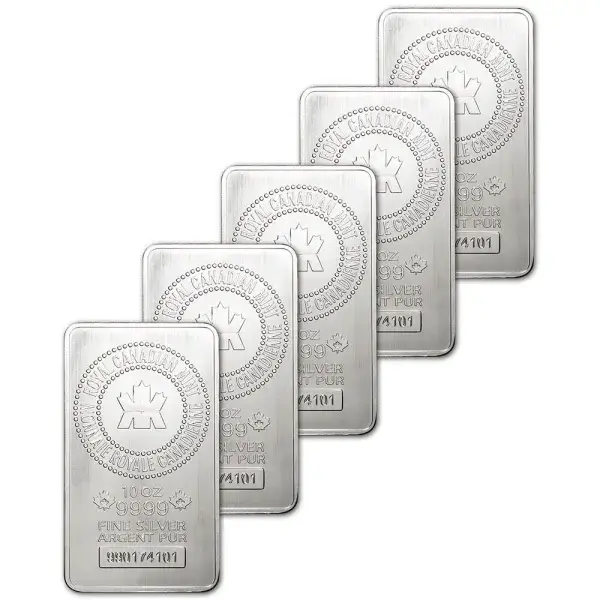 FIVE (5) 10 oz. RCM Silver Bar - Royal Canadian Mint .9999 Fine