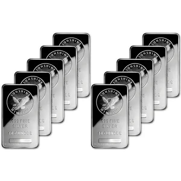 TEN (10) 10 oz. Silver Bars - Sunshine Minting - .999 Fine