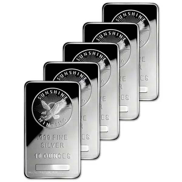 FIVE (5) 10 oz. Silver Bars - Sunshine Minting - .999 Fine