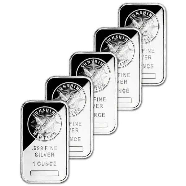 FIVE (5) 1 oz Silver Bar - Sunshine Minting - .999 Fine - Sealed