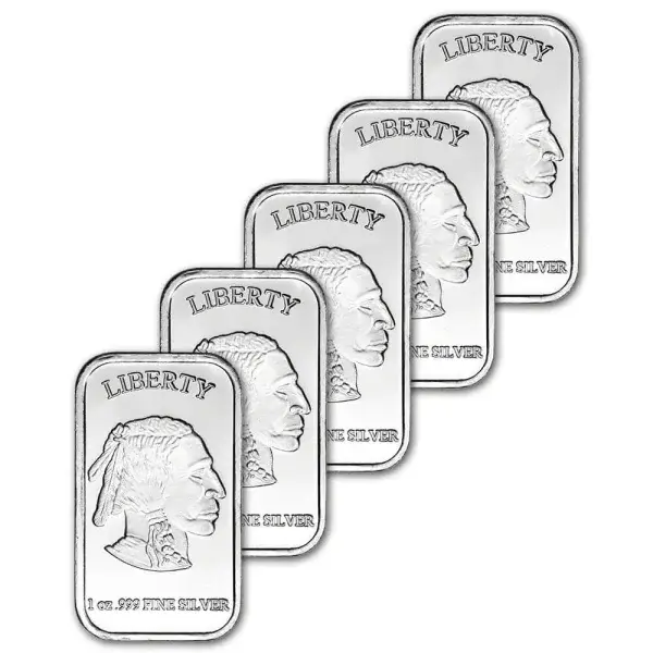 FIVE 1 oz. SilverTowne Silver Bar - Buffalo Design - 999 Fine