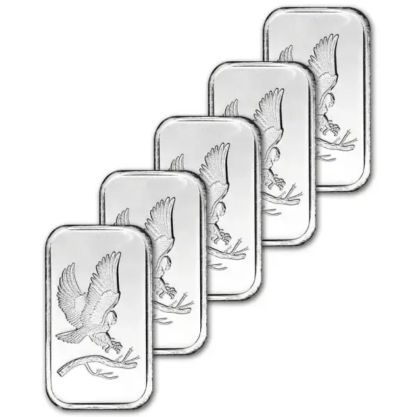 FIVE 1 oz. SilverTowne Silver Bar - Bald Eagle Design - 999 Fine