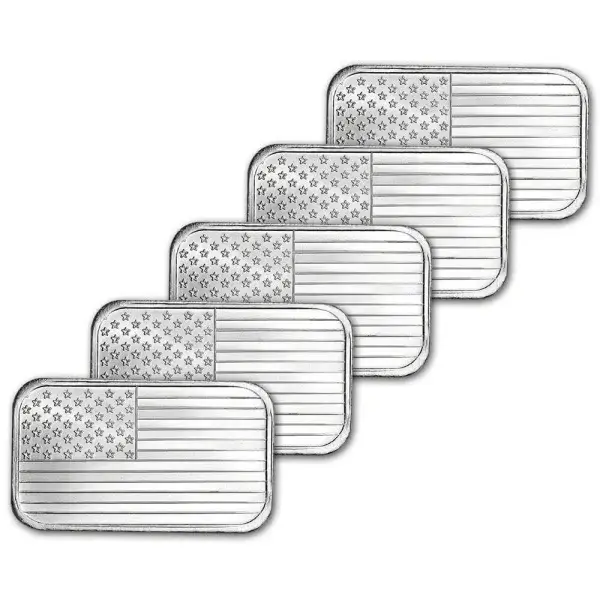 FIVE 1 oz. SilverTowne Silver Bar - American Flag Design - 999 Fine