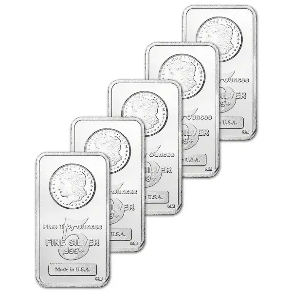 FIVE (5) 5 oz. Highland Mint Silver Bar - Morgan Dollar Design .999+ Fine