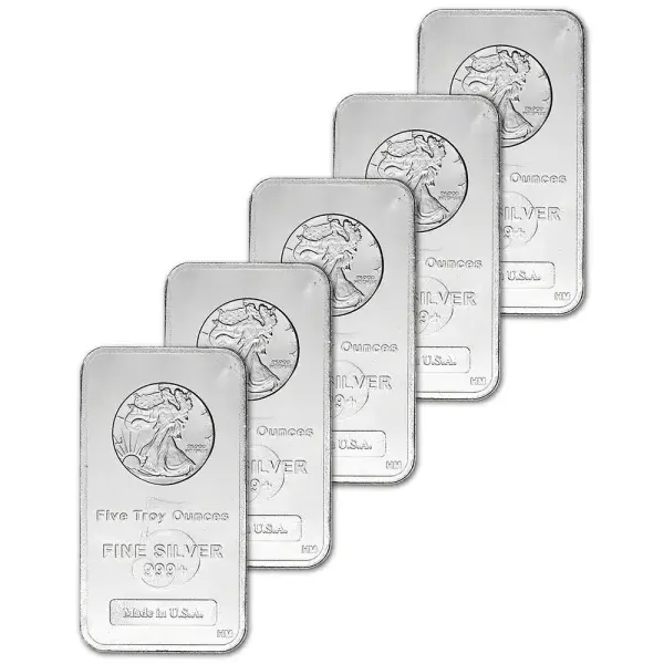 FIVE (5) 5 oz. Highland Mint Silver Bar - Walking Liberty Design .999+ Fine
