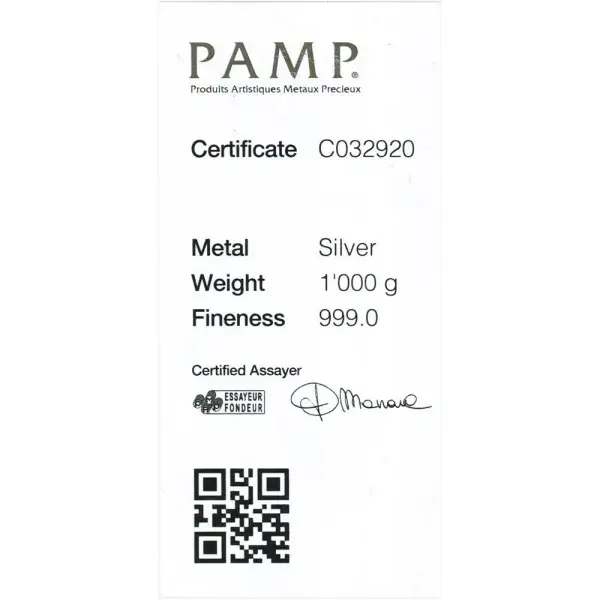 Kilo 32.15 oz Silver Bar - PAMP Suisse .999 Fine with Assay Certificate