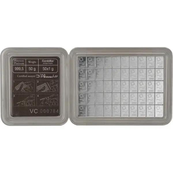 Valcambi 50x1 Gram Platinum CombiBar (1.6075 oz) with Assay Card