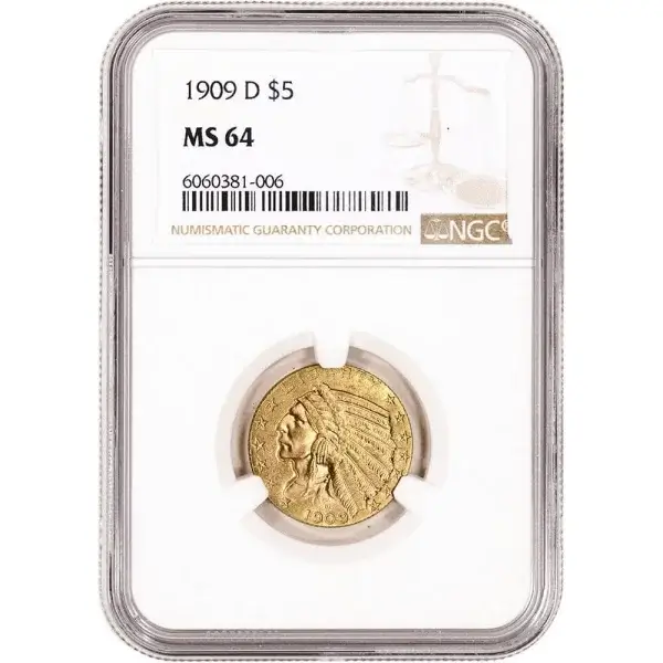 US Gold $5 Indian Head Half Eagle - NGC MS64 - Random Date