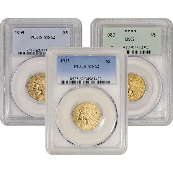 US Gold $5 Indian Head Half Eagle - PCGS MS62 - Random Date and Label