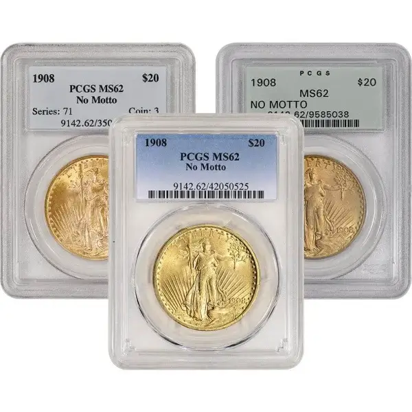 US Gold $20 Saint-Gaudens Double Eagle PCGS MS62 1908 No Motto Random Label