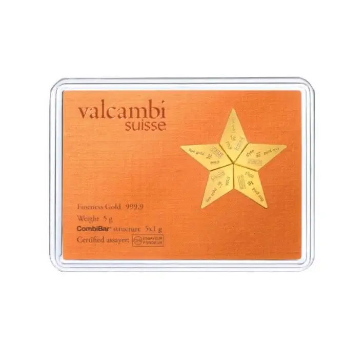 Valcambi Suisse 5x1 Gram Gold Star CombiBar (0.160754 oz) with Assay Card #1
