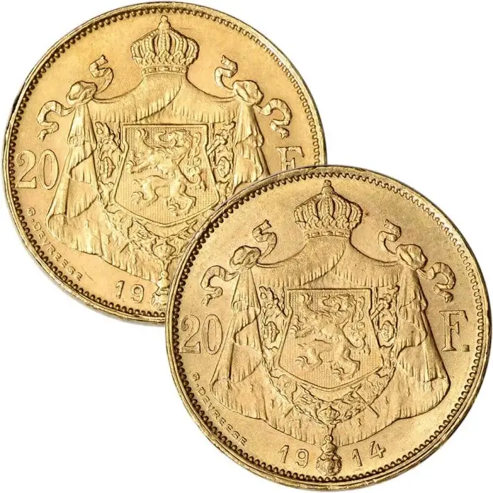 1914 Belgium Gold 20 Francs .1867 oz - Albert - Avg Circ #2