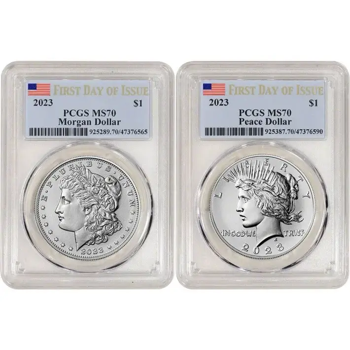 2023 US Two Coin Morgan and Peace Silver Dollar Set PCGS MS70 First Day Issue #1