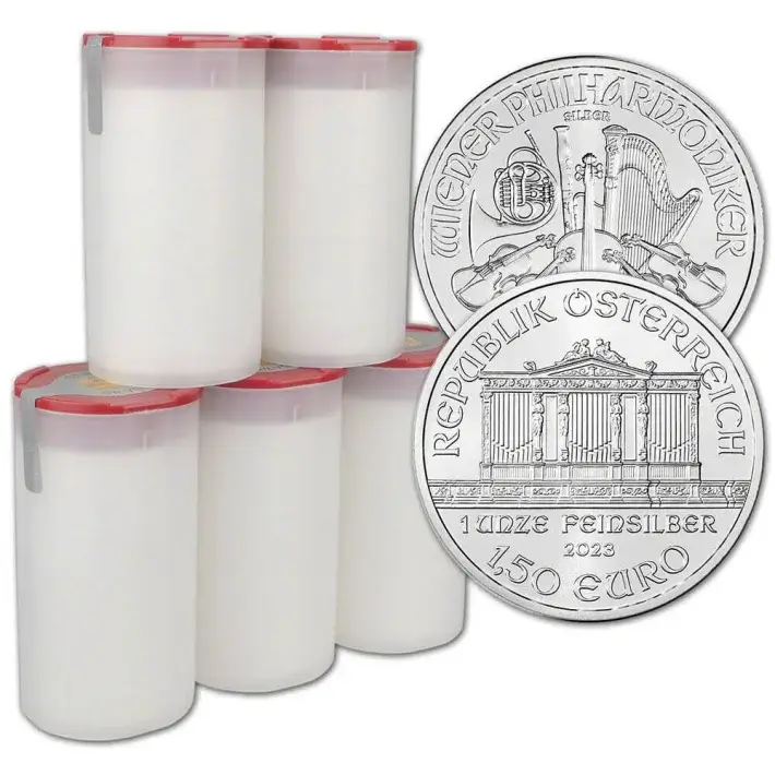 2023 Austria Silver Philharmonic 1 oz 1.5 Euro 5 Rolls 100 Coins in 5 Mint Tubes #1