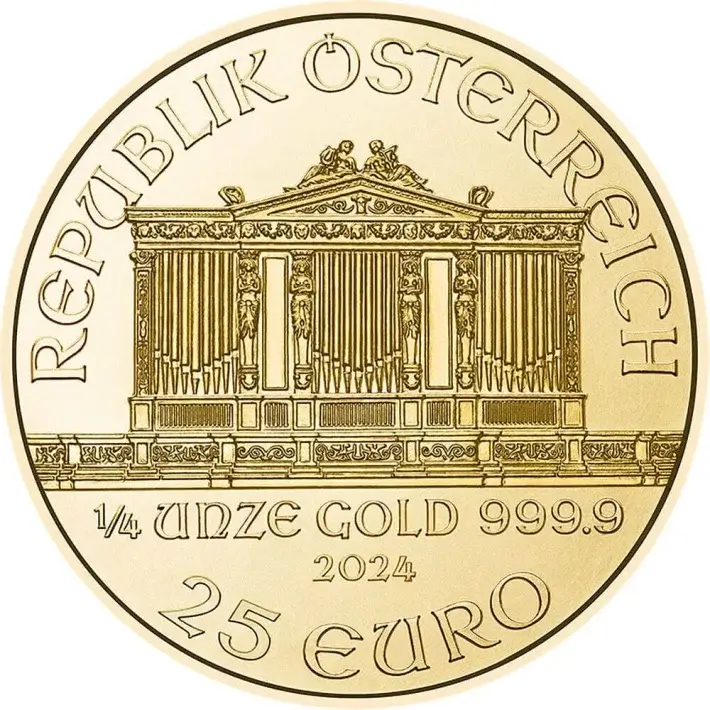 2024 Austria Gold Philharmonic 1/4 oz 25 Euro - 1 Roll 20 BU Coins in Mint Tube #3