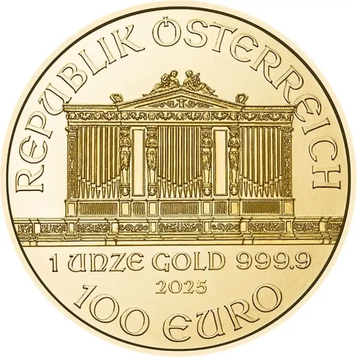 2025 Austria Gold Philharmonic 1 oz 100 Euro - 1 Roll 10 BU Coins in Mint Tube #2