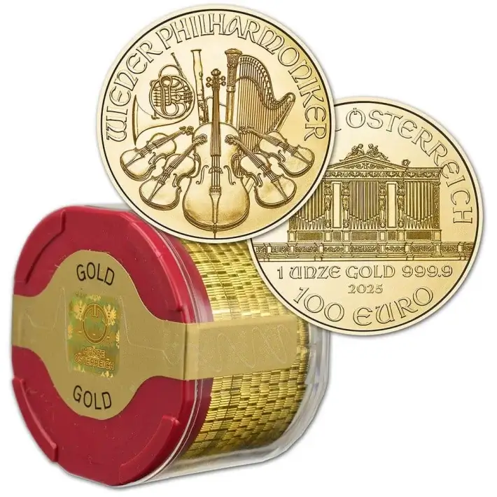 2025 Austria Gold Philharmonic 1 oz 100 Euro - 1 Roll 10 BU Coins in Mint Tube #1