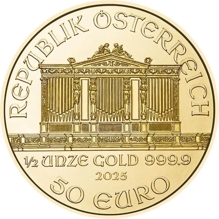 2025 Austria Gold Philharmonic 1/2 oz 50 Euro - 1 Roll 10 BU Coins in Mint Tube #2