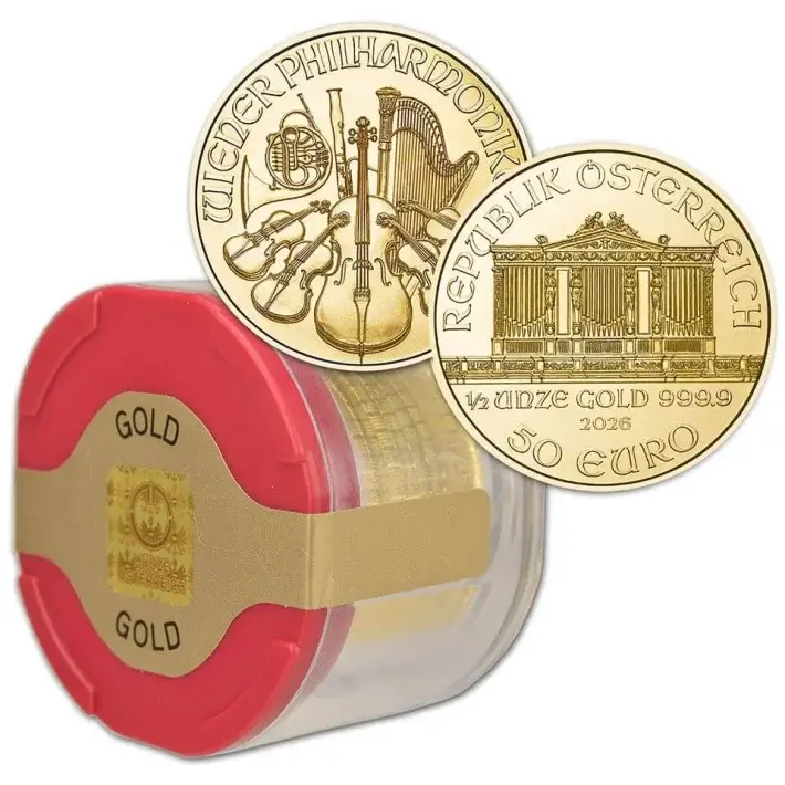 2026 Austria Gold Philharmonic 1/2 oz 50 Euro - 1 Roll 10 BU Coins in Mint Tube #1