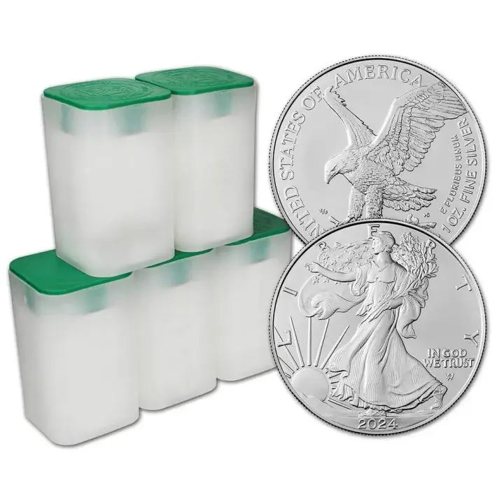 2024 American Silver Eagle 1 oz $1 5 Rolls 100 BU Coins in 5 Mint Tubes #1