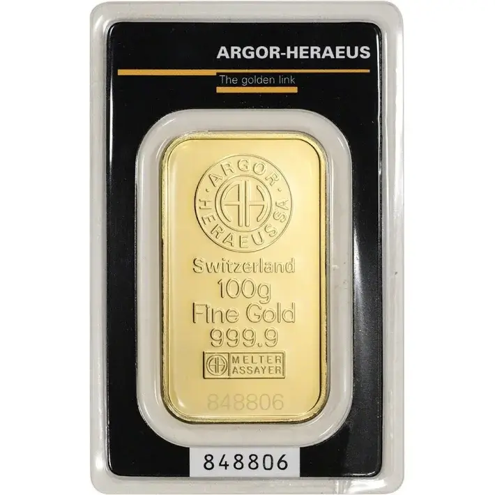 100 gram Gold Bar - Argor Heraeus - 999.9 Fine in Assay #1