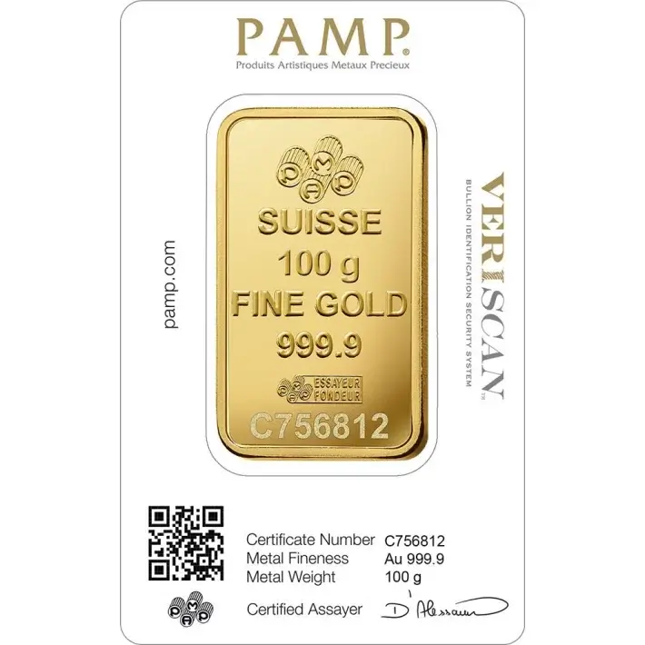 100 gram Gold Bar - PAMP Suisse - Fortuna - 999.9 Fine in Sealed Assay #3