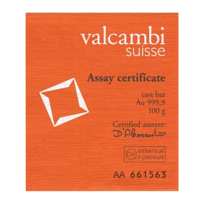 100 gram Gold Bar - Valcambi Suisse - Cast - 999.9 Fine with Assay Certificate #3
