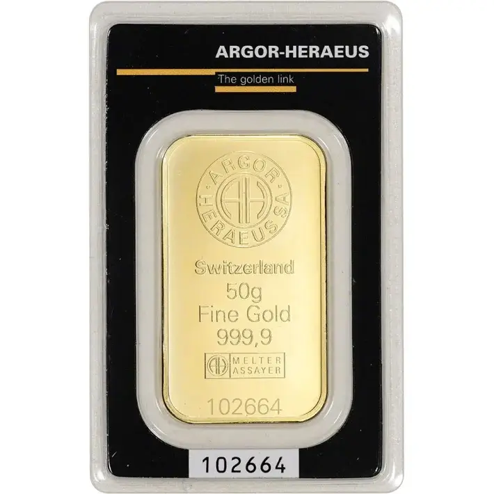 50 gram Gold Bar - Argor Heraeus Kinebar Hologram - 999.9 Fine in Assay #1