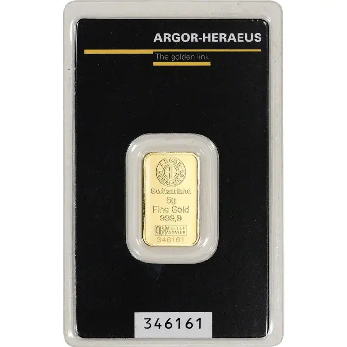 5 gram Gold Bar - Argor Heraeus - 999.9 Fine in Assay #1