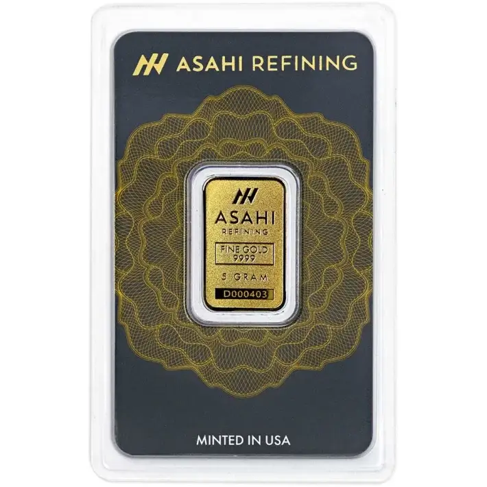 5 gram Gold Bar Asahi Refining .9999 Fine in Sealed Assay #1