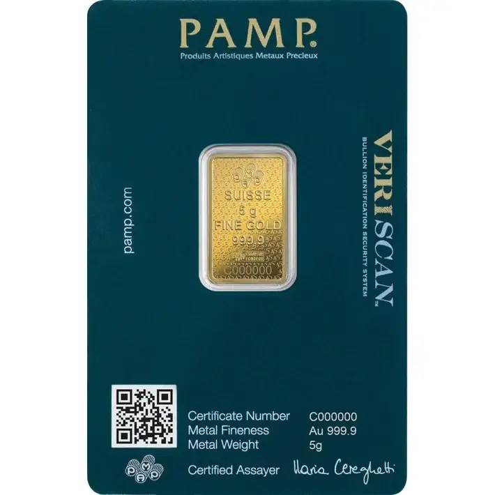 5 gram Gold Bar PAMP Suisse Fortuna 45th Anniversary 999.9 Fine in Sealed Assay #5