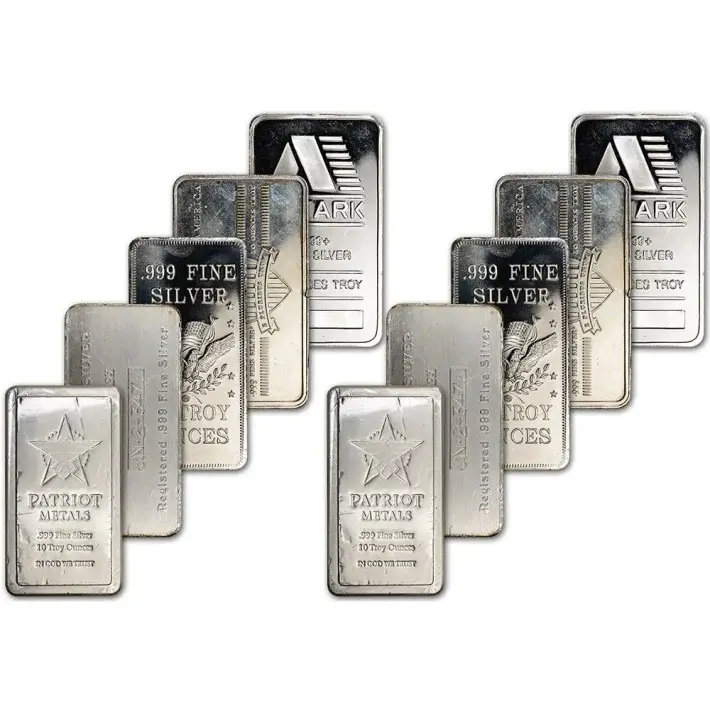 TEN (10) 10 oz. Silver Bar - Random Brand - Secondary Market - .999 Fine #1