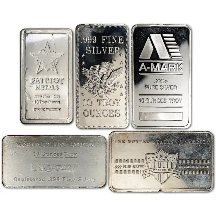 FIVE (5) 10 oz. Silver Bar - Random Brand - Secondary Market - .999 Fine #3