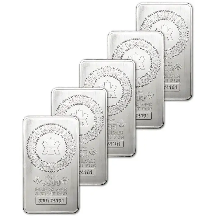 FIVE (5) 10 oz. RCM Silver Bar - Royal Canadian Mint .9999 Fine #1