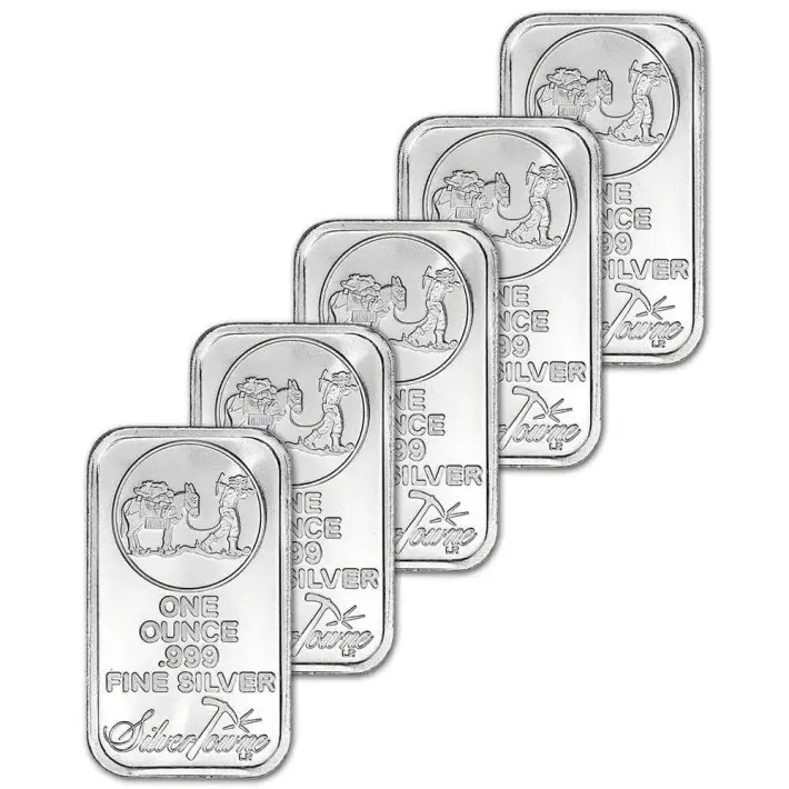 FIVE 1 oz. SilverTowne Silver Bar - Trademark Prospector Design - 999 Fine #1