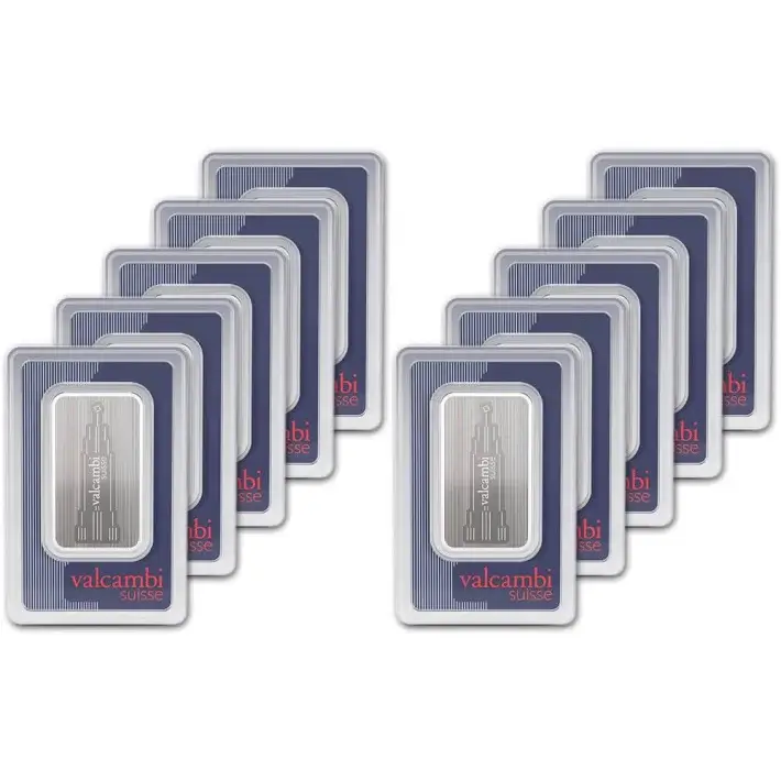 TEN (10) 1 oz Silver Bar Valcambi Suisse Skyline .999 Fine in Sealed Assay Card #1