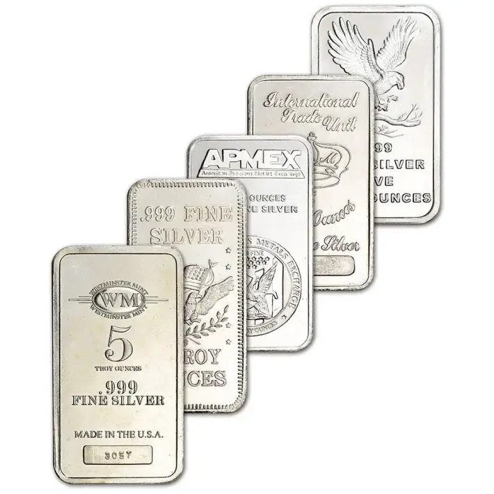 5 oz Silver Bar - Random Brand Secondary Market .999 Fine - FIVE 5 Bars #1