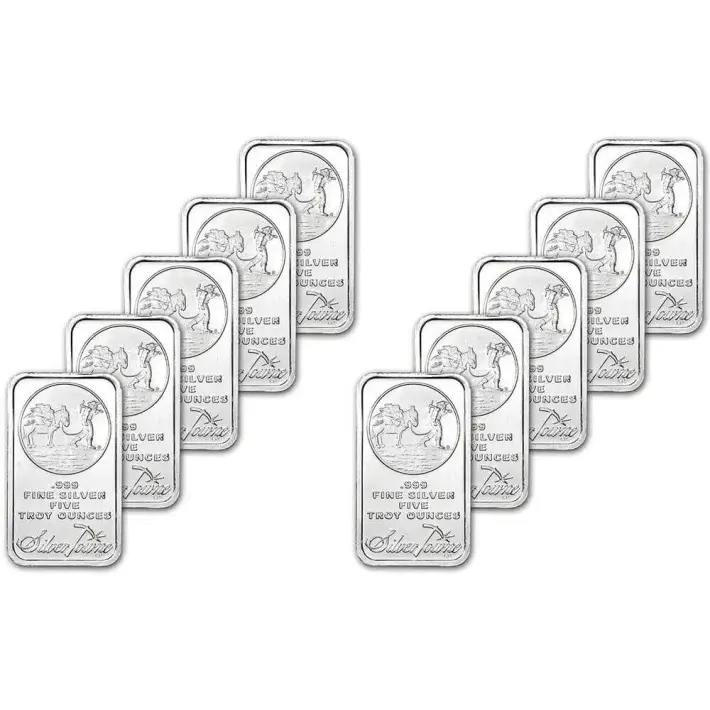 TEN 5 oz. SilverTowne Silver Bar - Trademark Prospector Design - 999 Fine #1