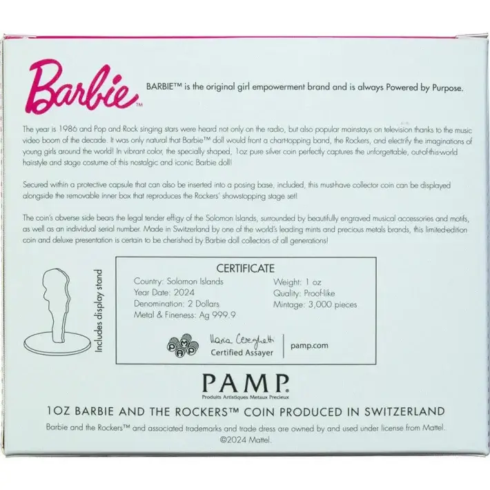 1 oz PAMP Suisse Silver 2024 Barbie & The Rockers Colored Coin $2 in Gift Box #3